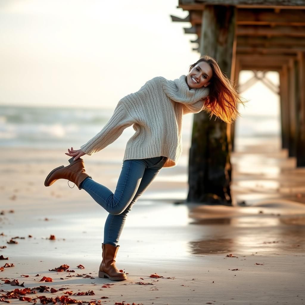 Woman Balances on Beach in Natural Light