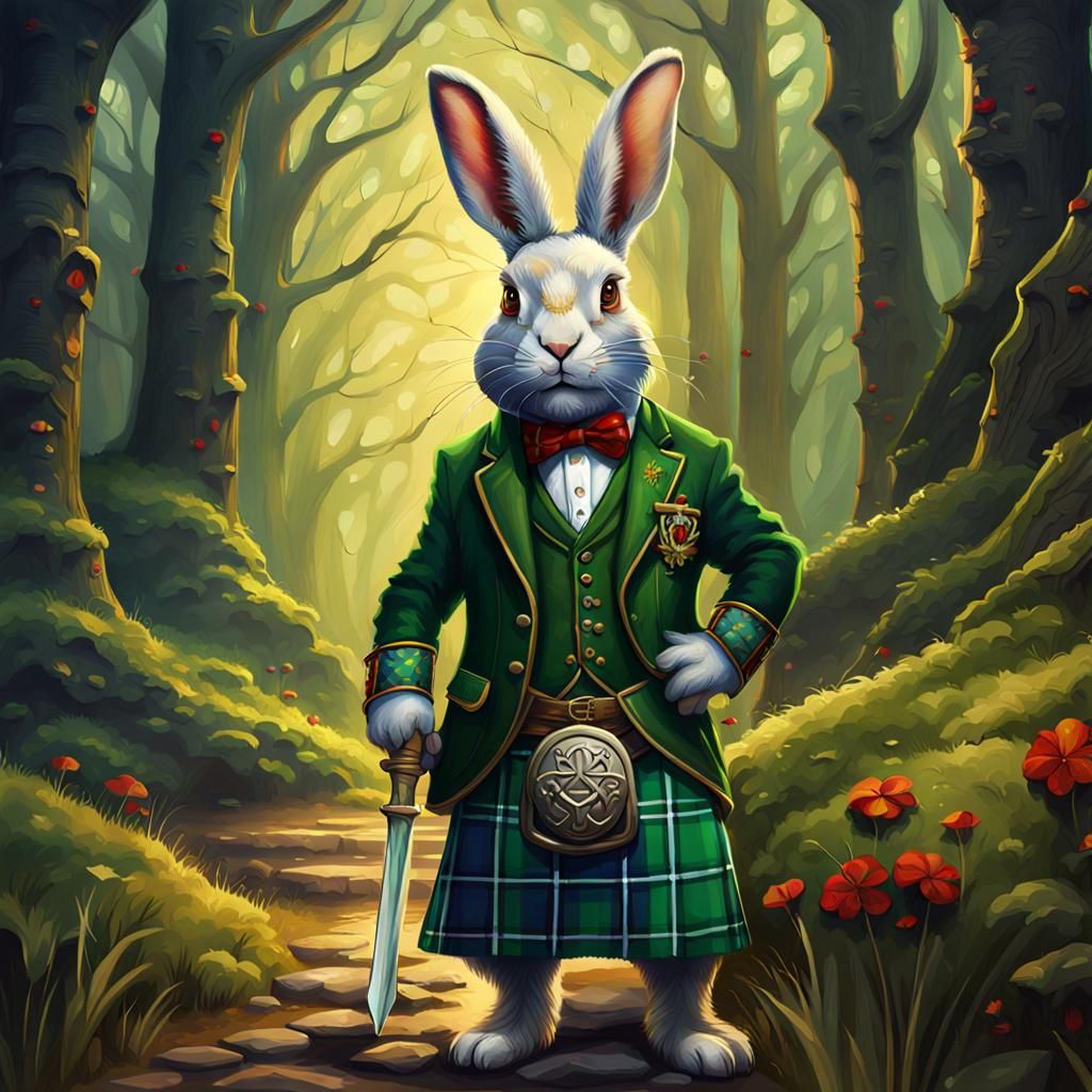 Irish Hare Wearing an Irish Tartan Wedding Kilt Set on Way Home