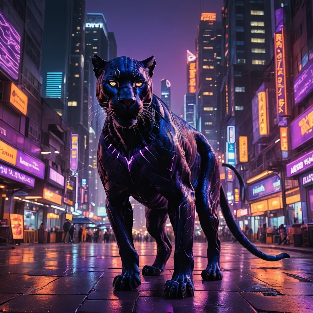 Glowing Black Panther in Neon Cityscape