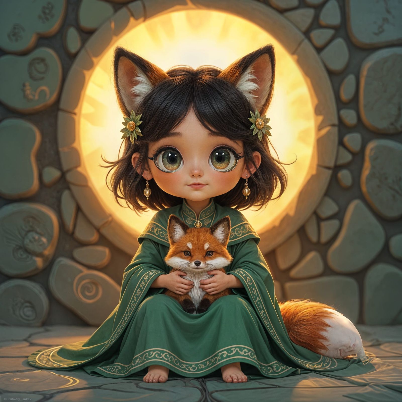 Girl with Luminous Eyes and Mystical Fox