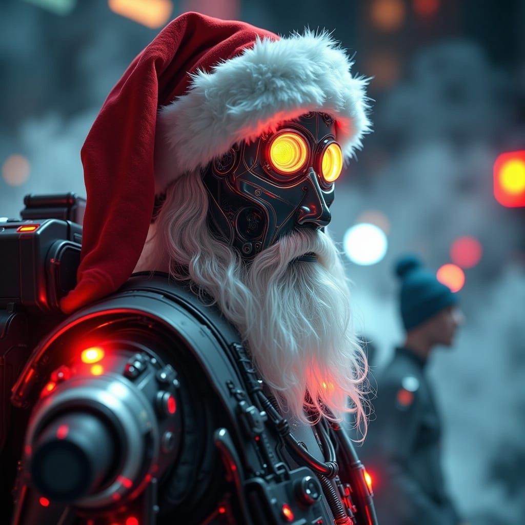 Cyberpunk Cybernetic Santa Claus with Elfs and Minions