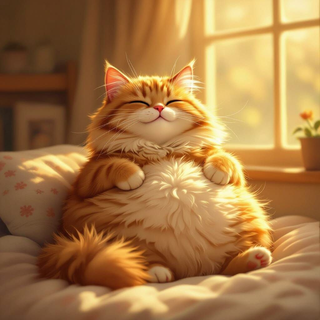 Contented Ginger Cat with Large Belly in Sunbeam