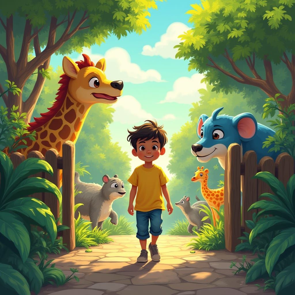 Boy's Zoo Adventure in Painterly Style