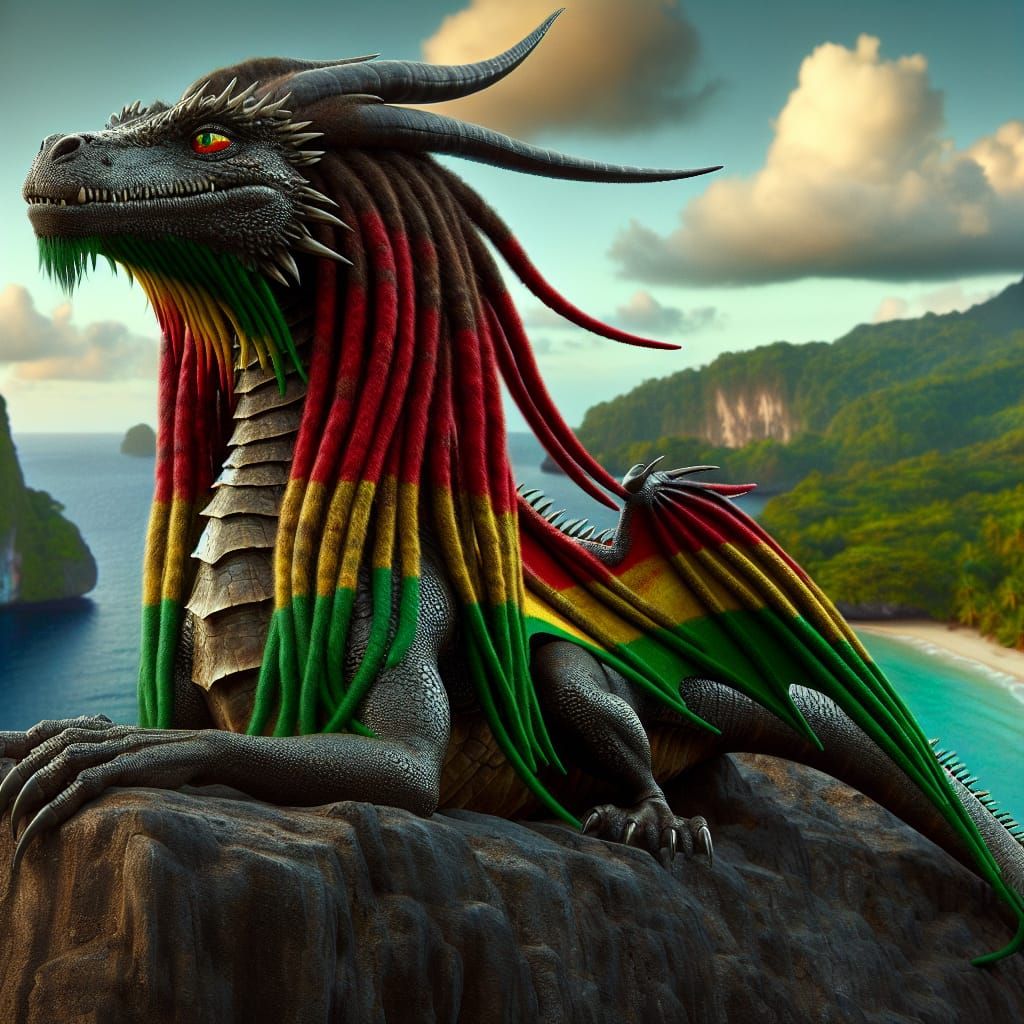 Majestic Rastafarian Dragon in a Tropical Island Landscape
