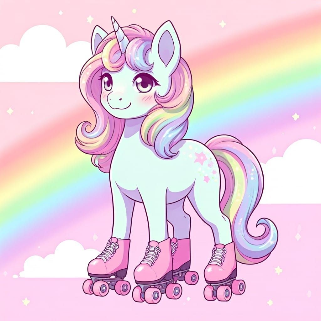 Anime Unicorn on Roller Skates in Kawaii Style