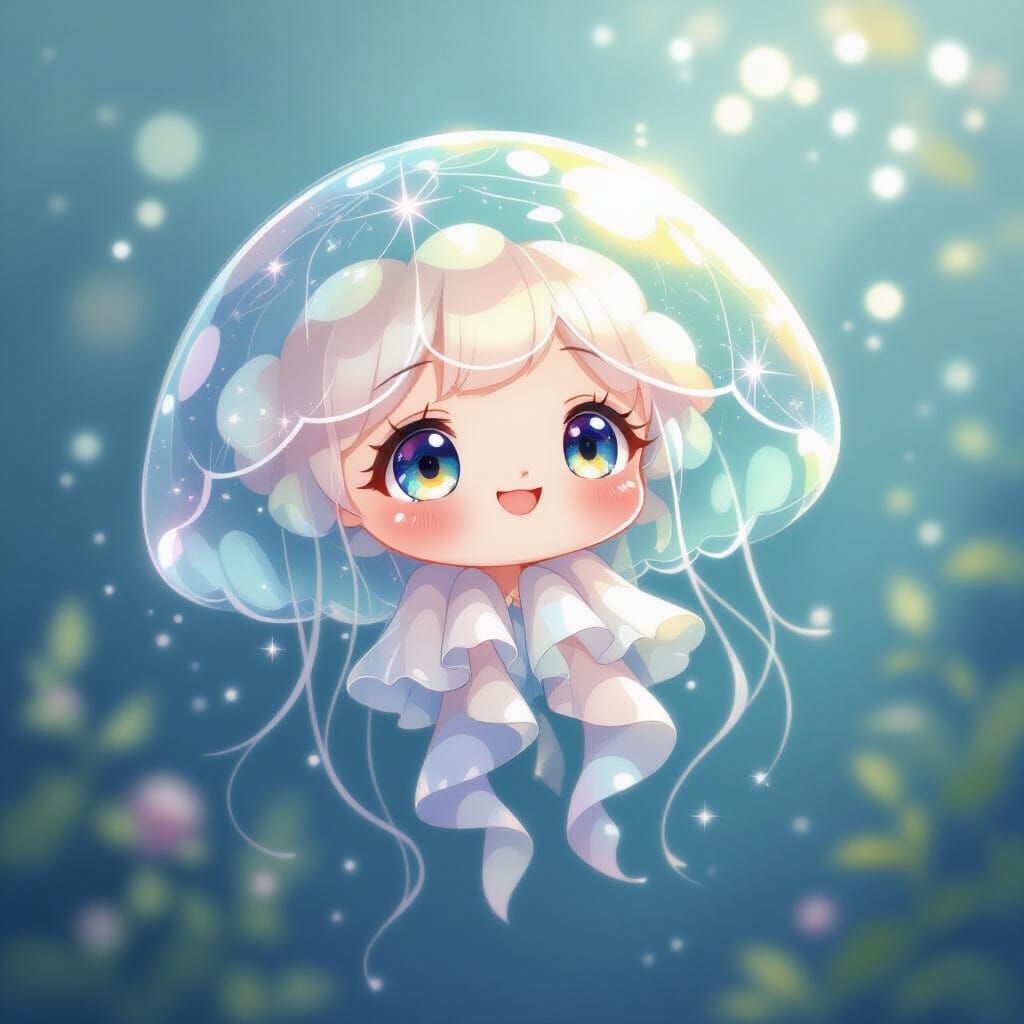Crystal Jellyfish with Endearing Smile in Anime Style