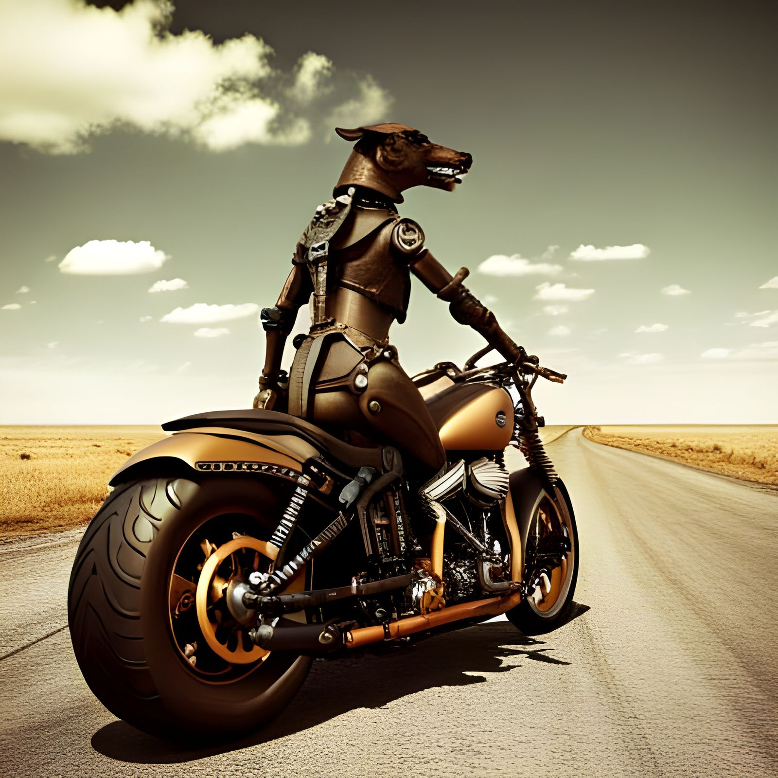 Robotic dog riding a Harley Davidson motorbike in a mad max ...