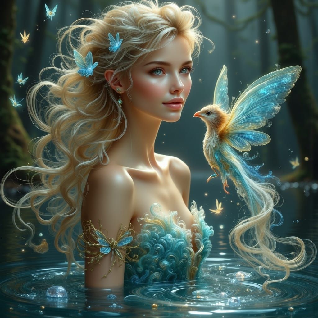 Ethereal Elf Woman Bathing in Moonlit Pond