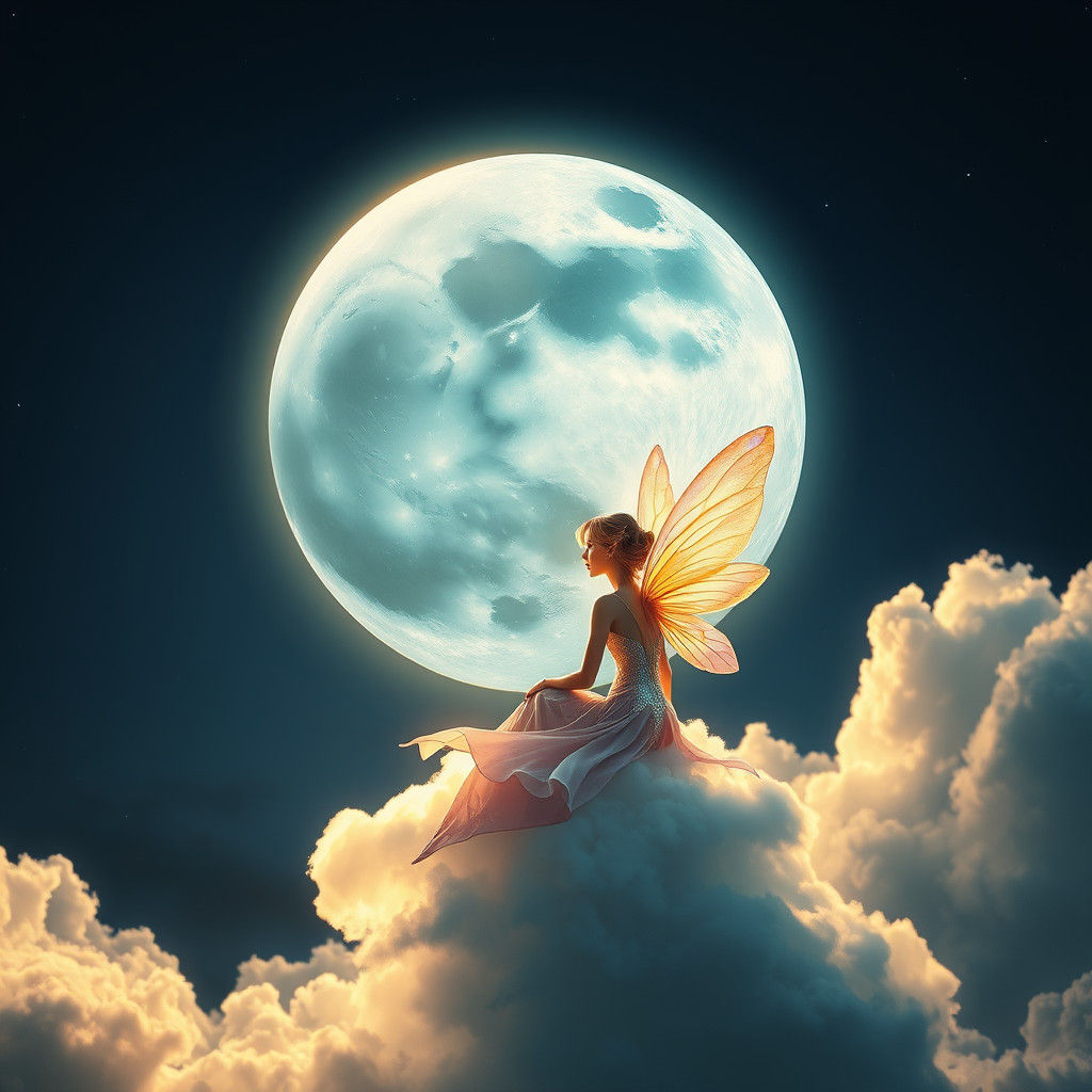 Iridescent Fairy Gazing at Moon in Dreamlike Landscape