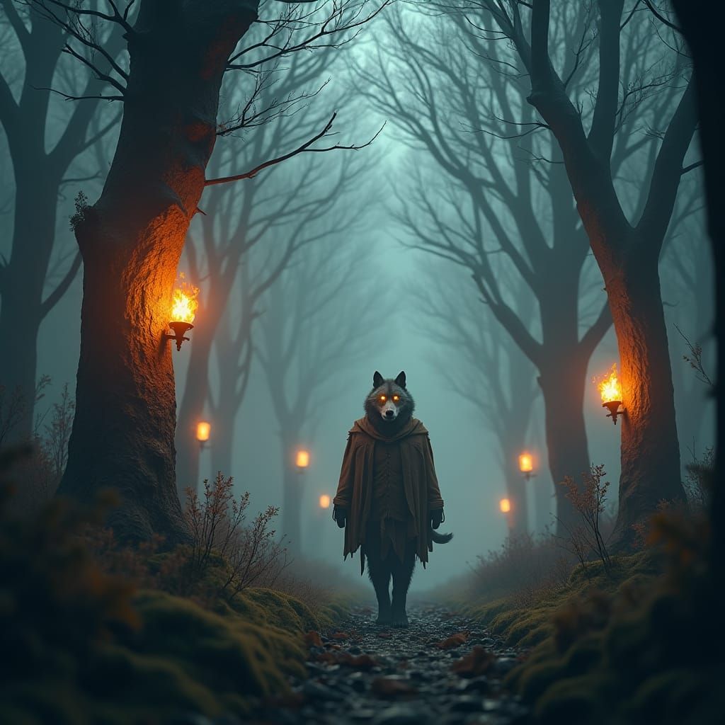 Fiery Werewolf in a Mist-Shrouded Forest