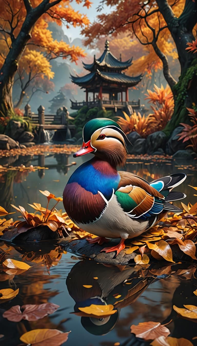Mandarin Duck in Autumn: Detailed Matte Painting