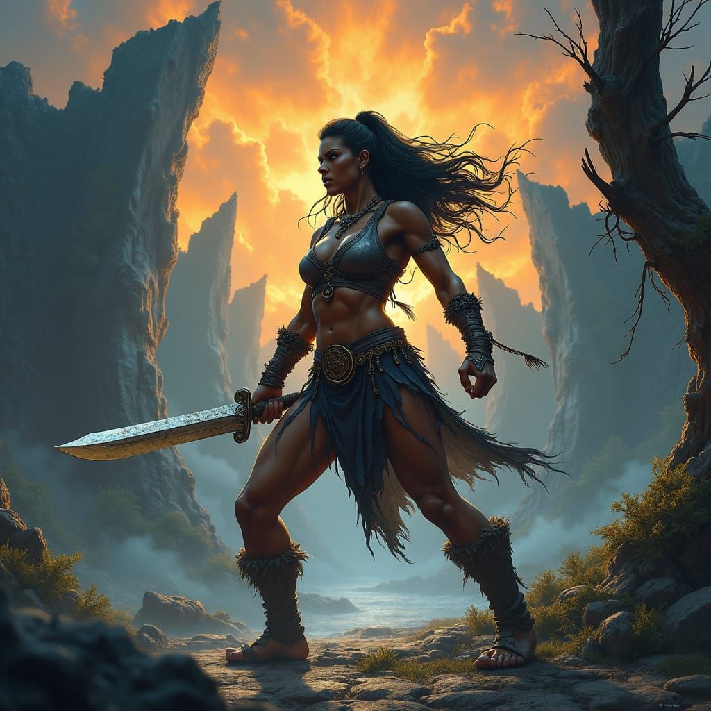 Fierce Barbarian Warrior in Stormy Landscape