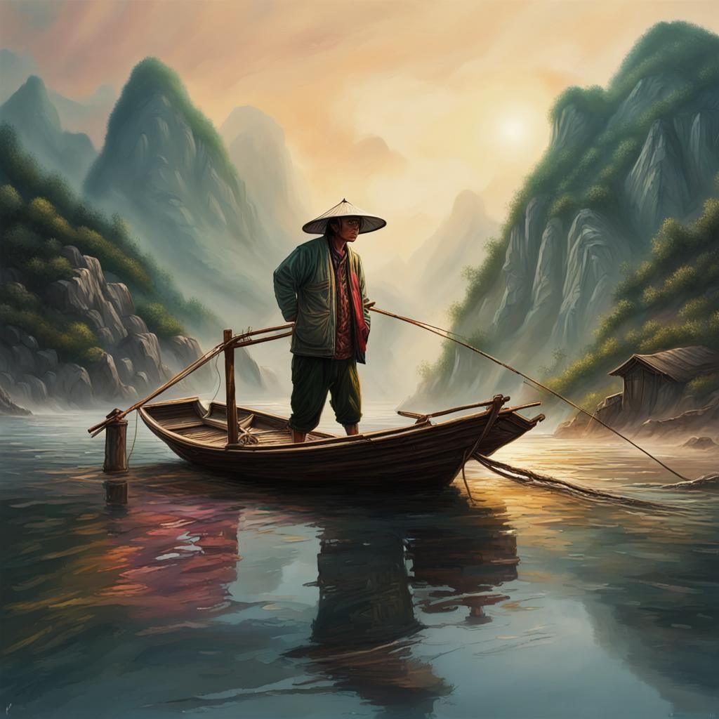 Guizhou Mountains: Lone Fisherman in Hyperrealistic Style