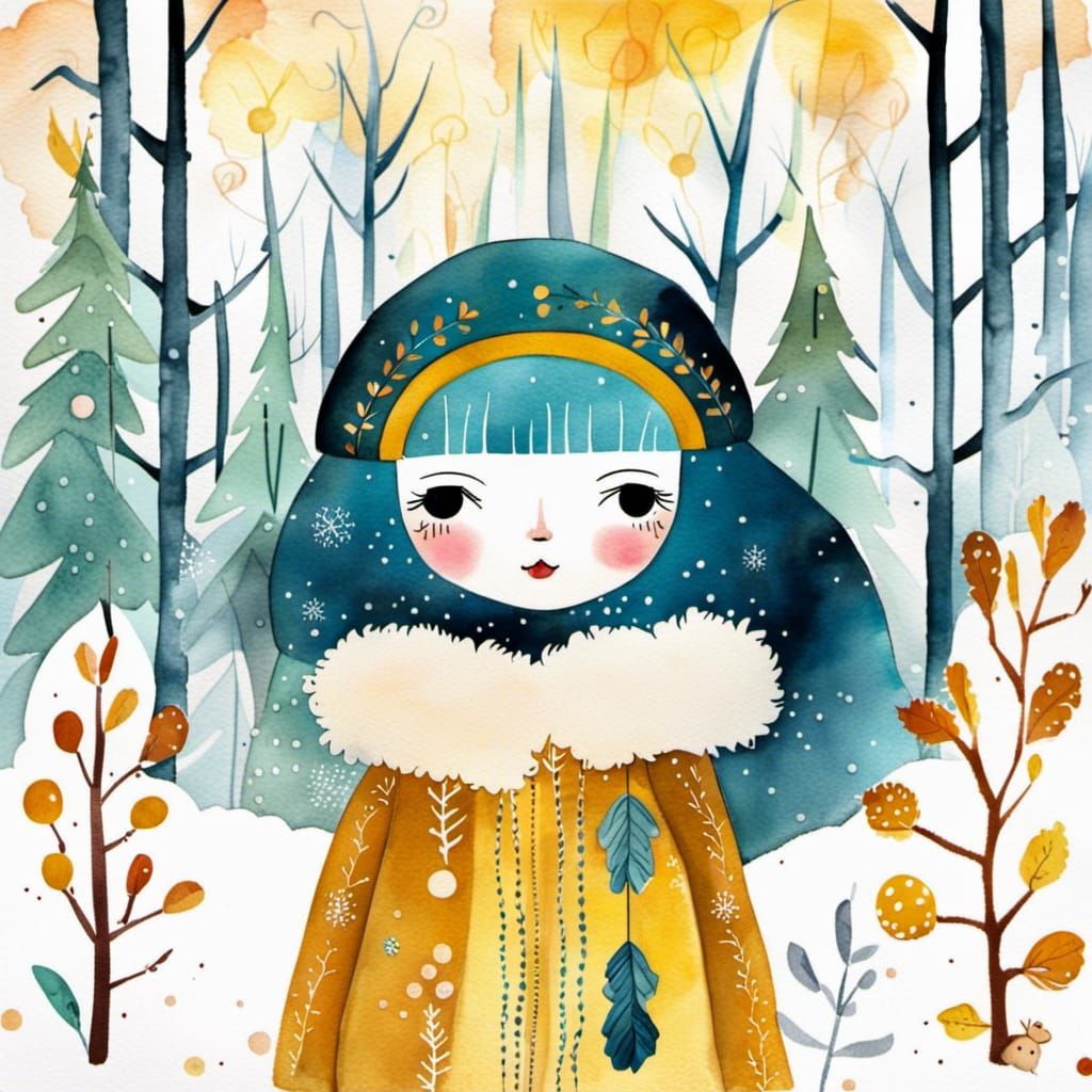 Cute Doll in Snowy Forest, Watercolor Art Brut