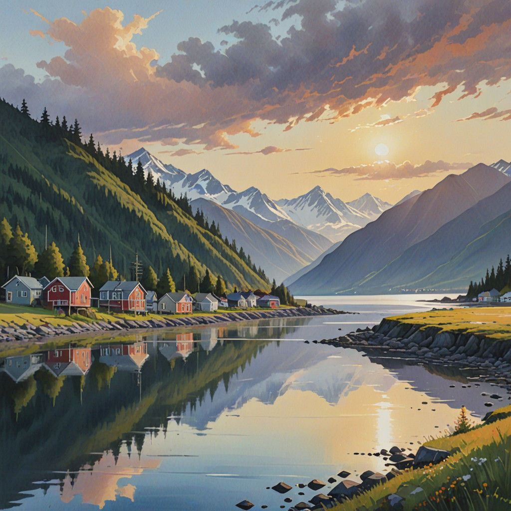 Vibrant Homer, Alaska Landscape in Gouache Style