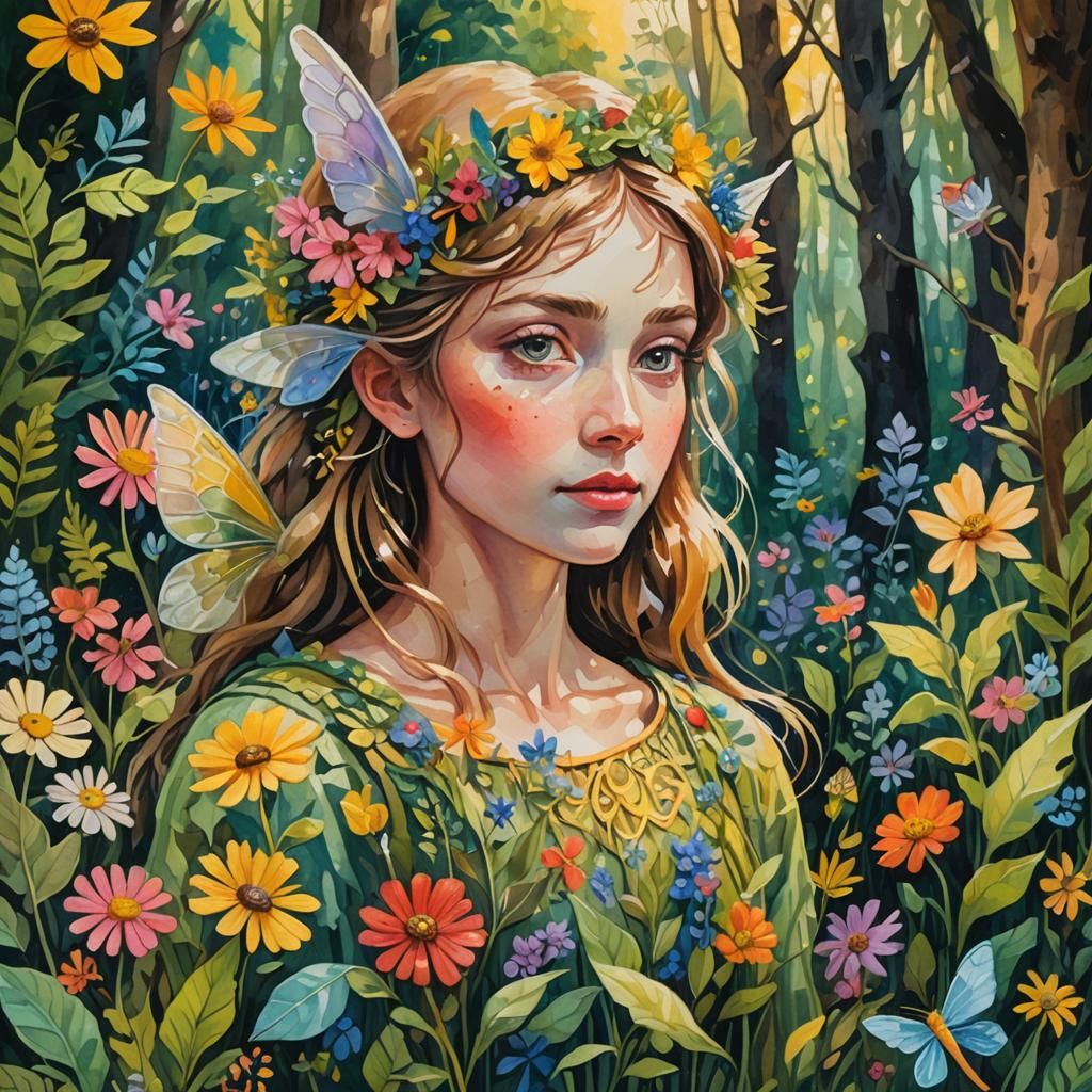 Whimsical Fairy Portrait in Impasto Gouache Style