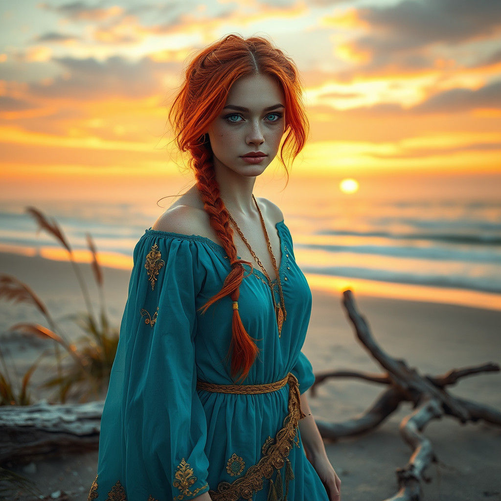 Dreamlike Red-Haired Woman Strolls Along Beach at Sunset in....