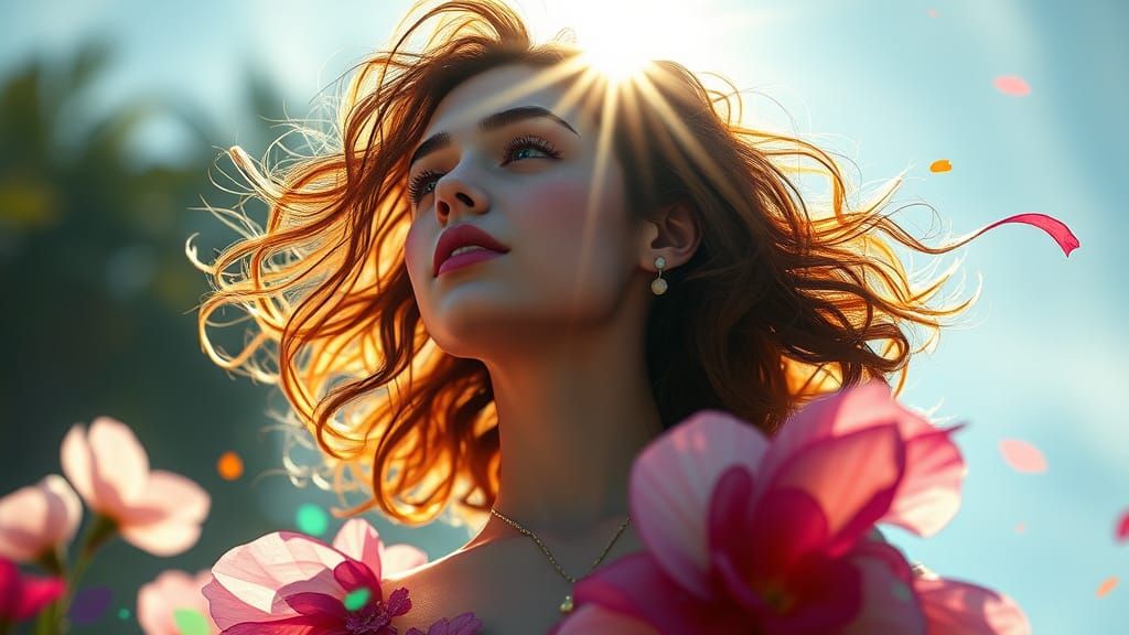 Sunlit Portrait in Floral Field, Detailed Splash Art