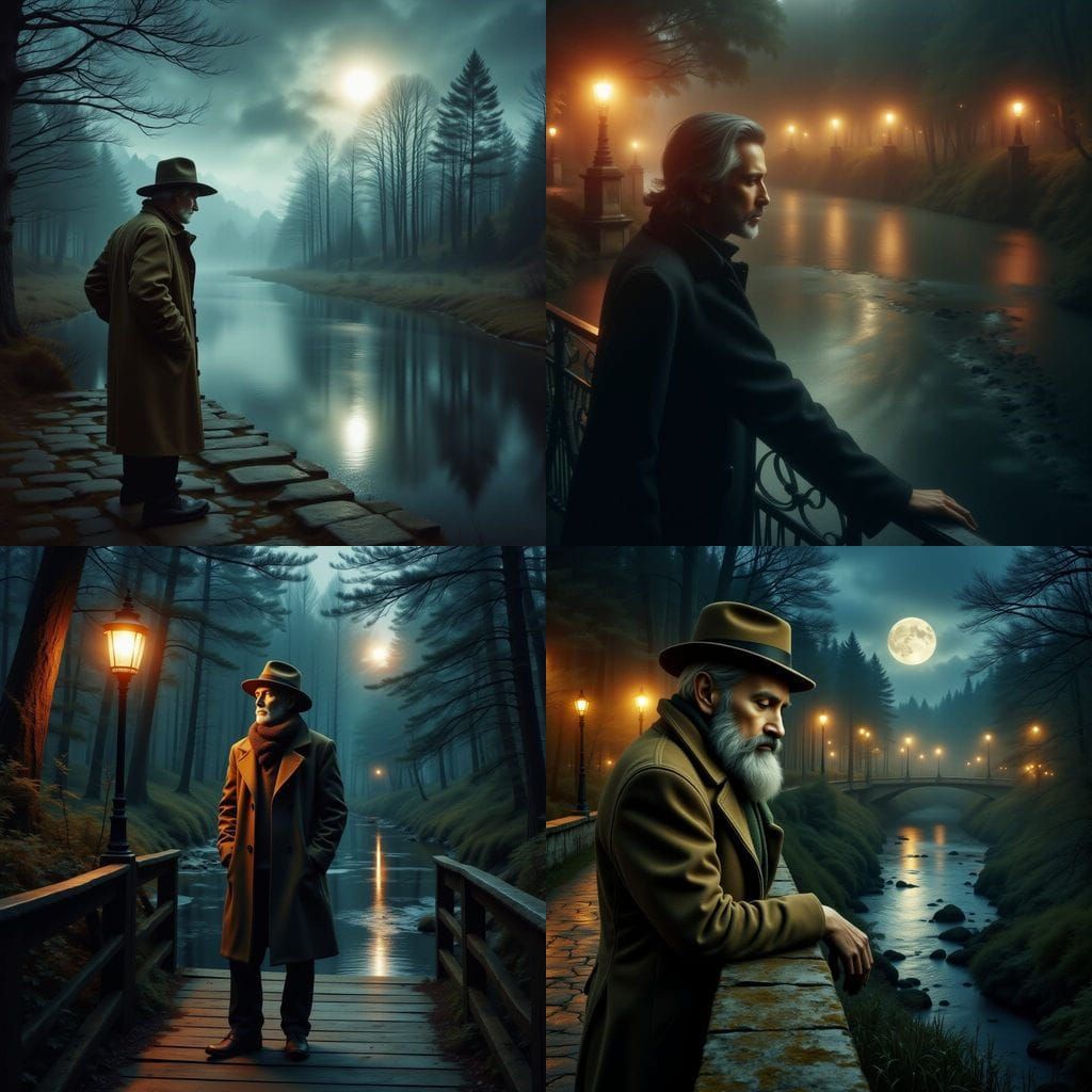 Wistful Riverbank Reflections in Moody Nighttime Atmosphere