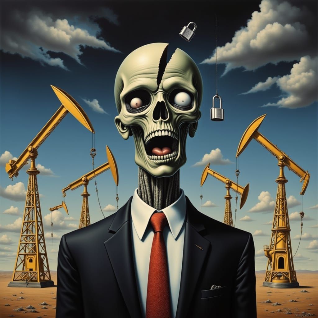 Surreal Zombie Businessman with Oil Pumps, Dark Realism