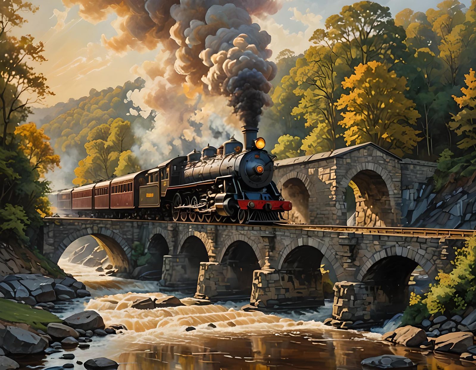 Steam Train on Stone Bridge: Impressionistic Oil Painting
