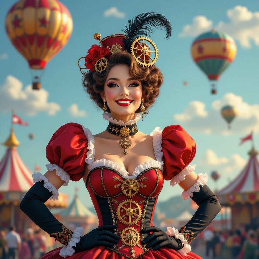 Steampunk Showgirl with Clockwork Costume Under Hot Air Ball...