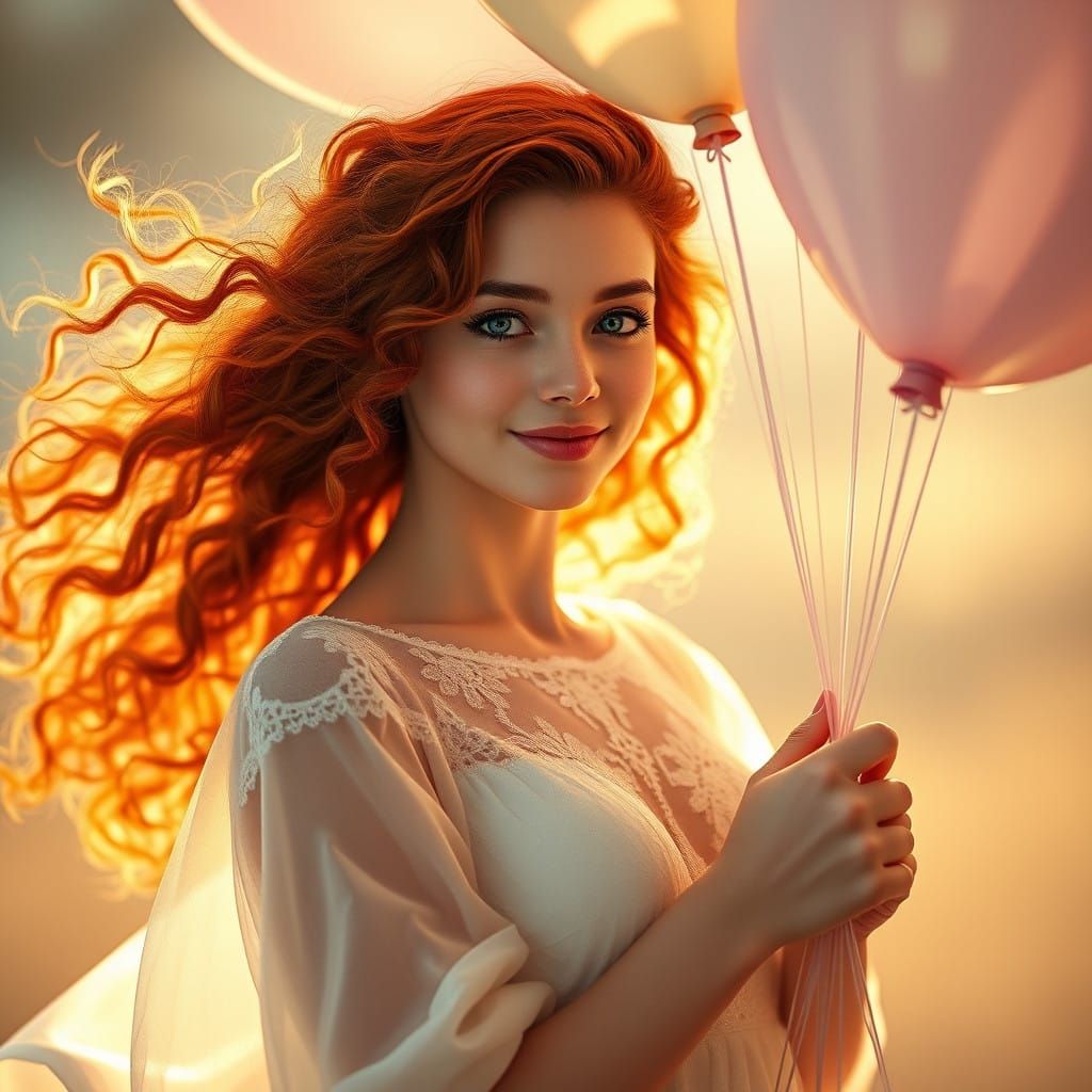 Ethereal Young Woman Surrounded by Pastel Balloons in Warm L...