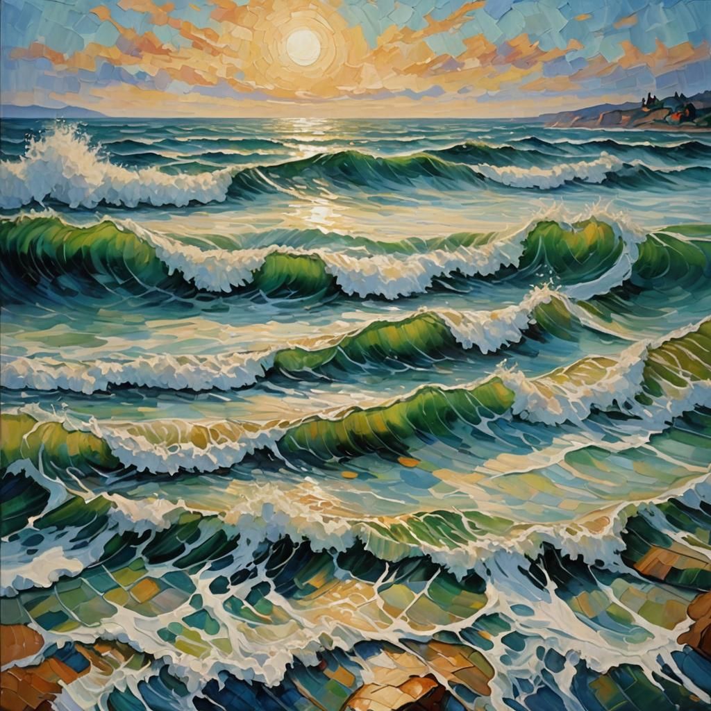 Colorful Expressionist Wave Painting in Impasto Style