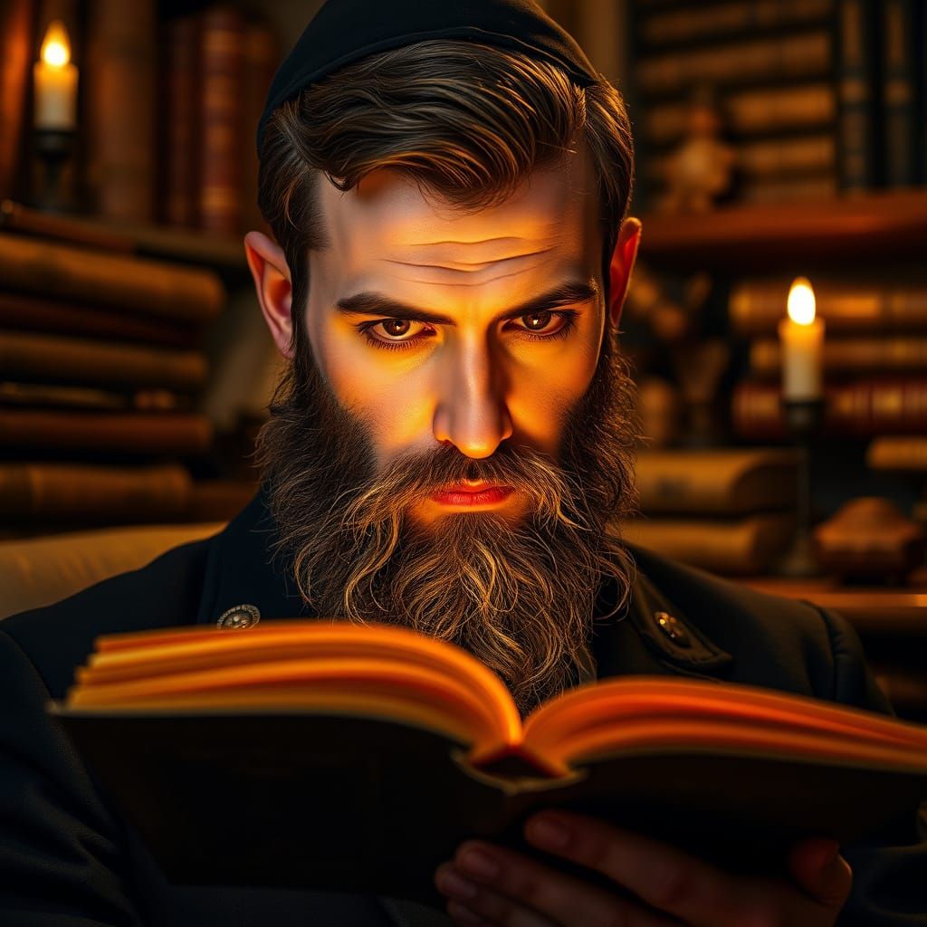 Intense Scholar Illuminated by Candlelight in Traditional Ga...