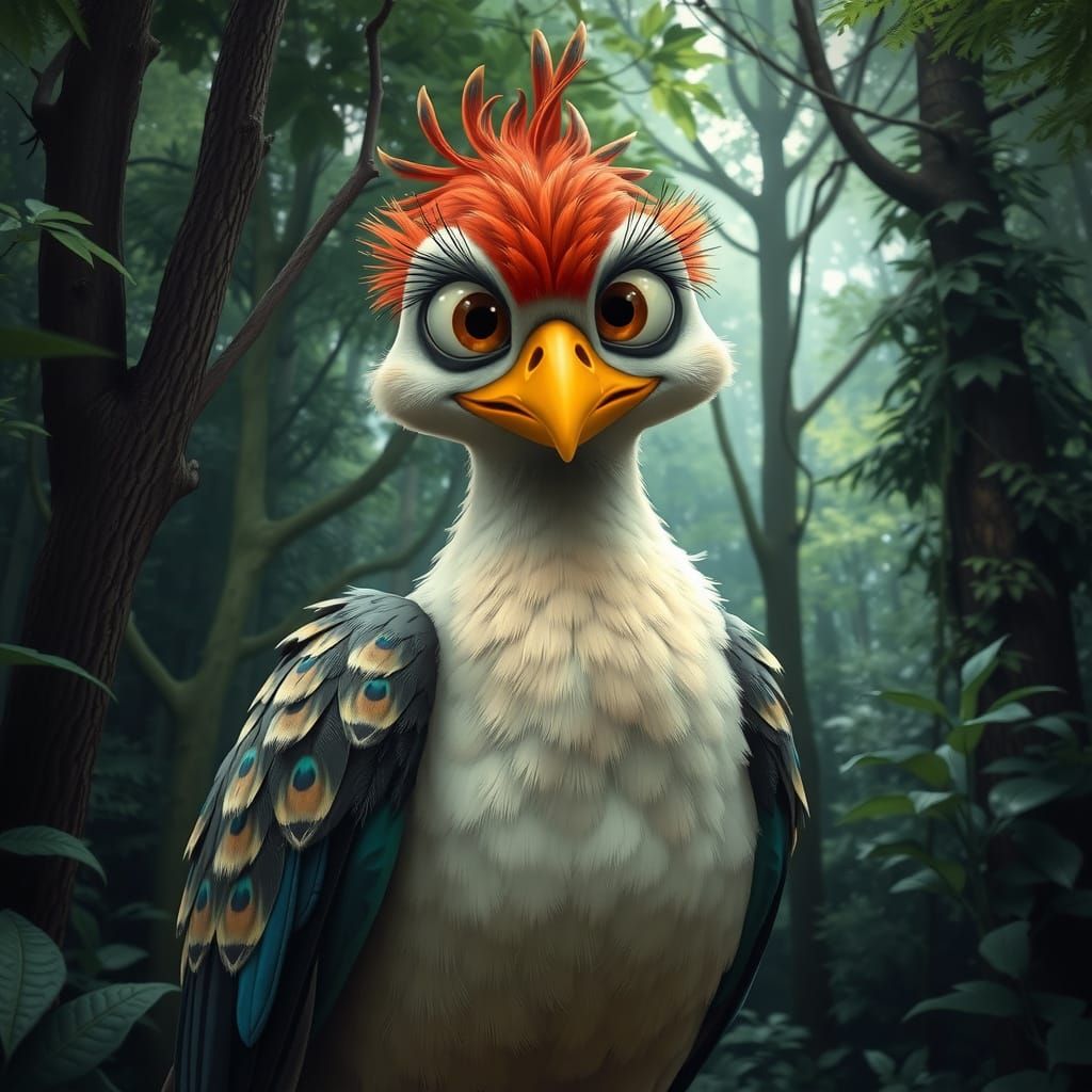 Whimsical Hybrid Bird in Lush Forest, Dreamlike Art