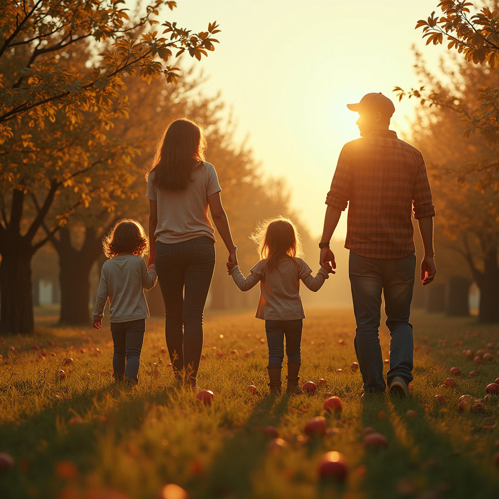 Autumn Orchard Scene: Family Apple Picking in Cinematic Styl...