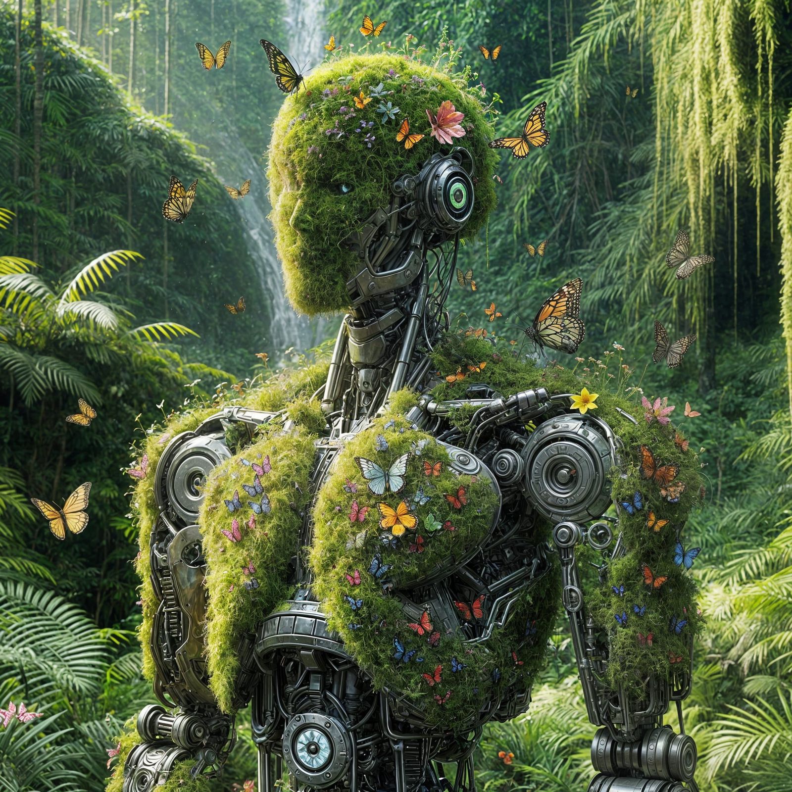 Robot Merged With Nature in Lush Jungle