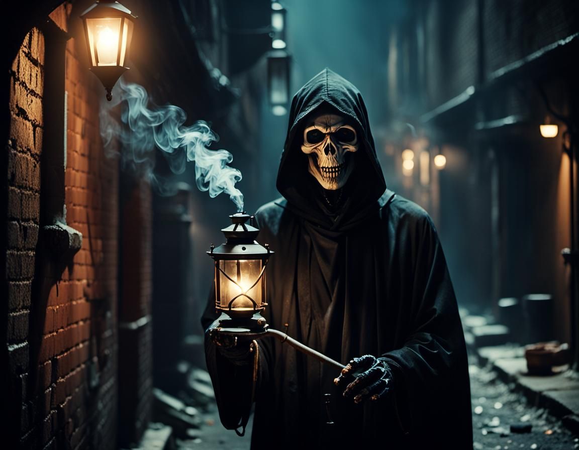 Grim Reaper Smoking Bong in Dark Alleyway