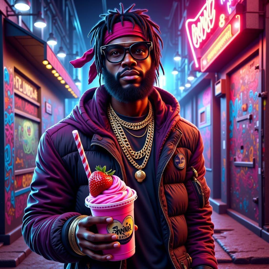 Gangster Rapper with Smoothie in Neon Urban Setting