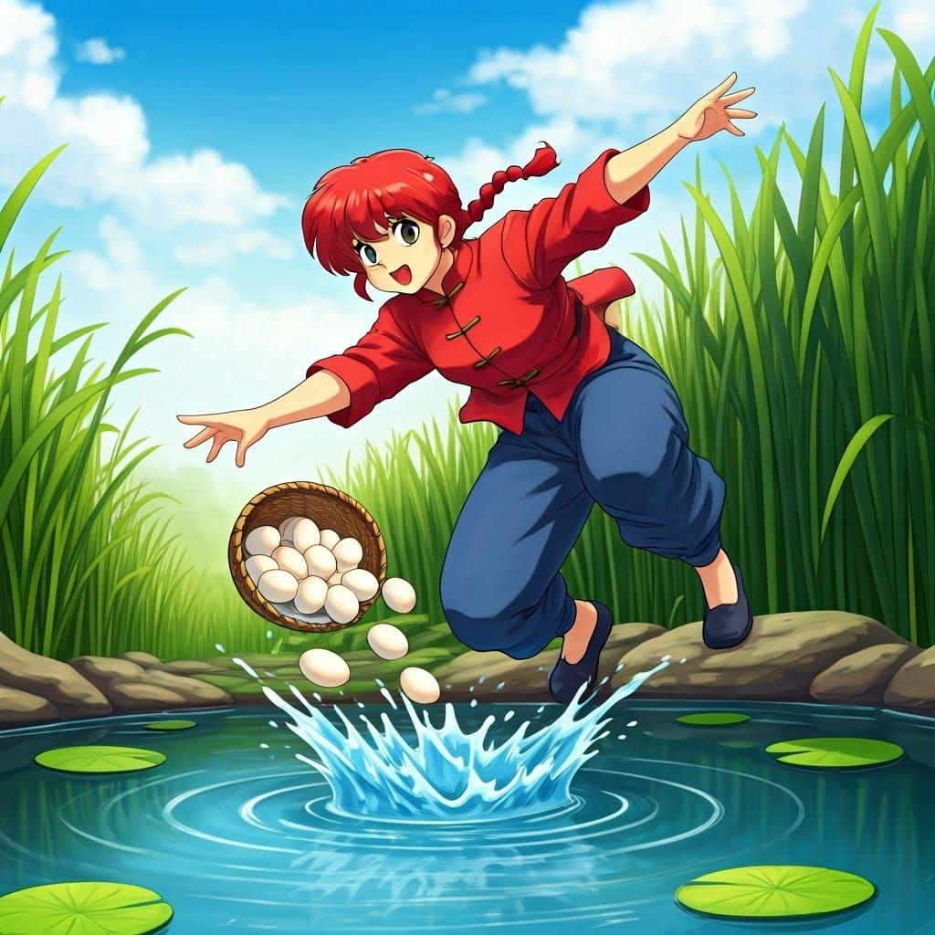 Ranma Saotome Hurling Eggs into a Pond