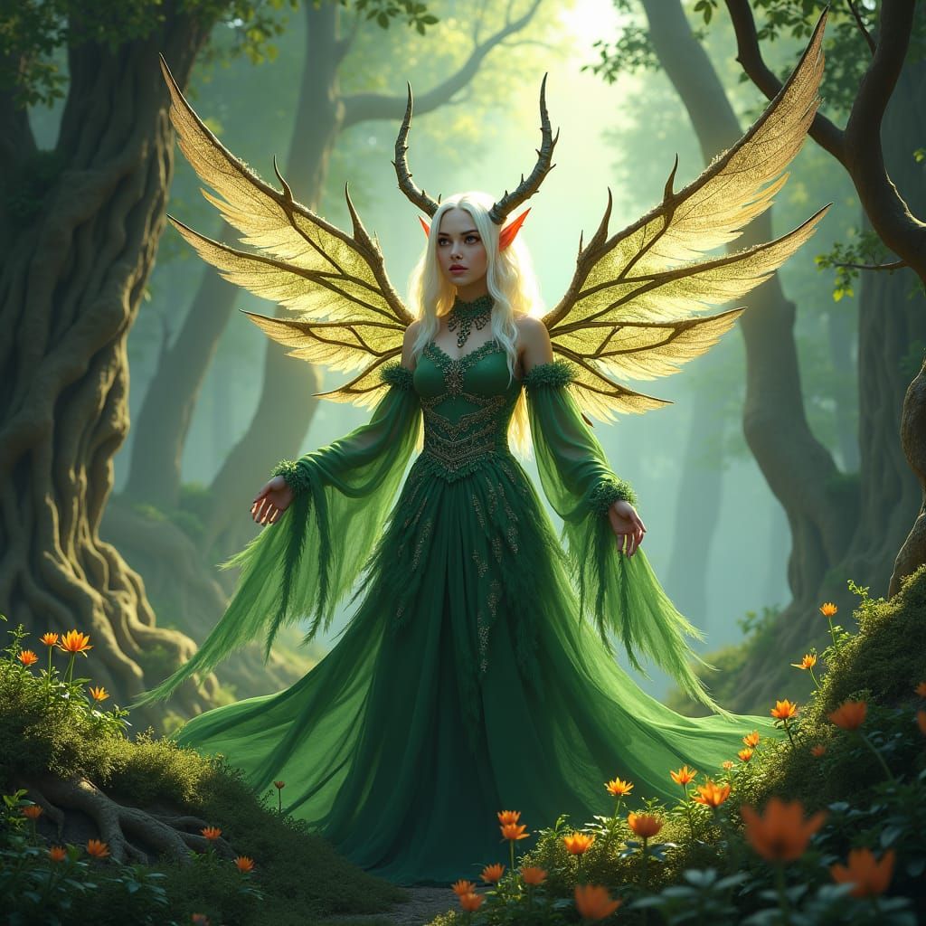 Forest Druid with Wings in Matte Painting Style