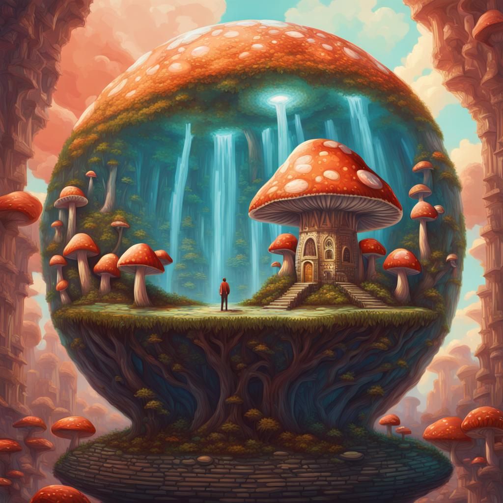 Hyperrealistic Mushroom Palace with Mushroom Man
