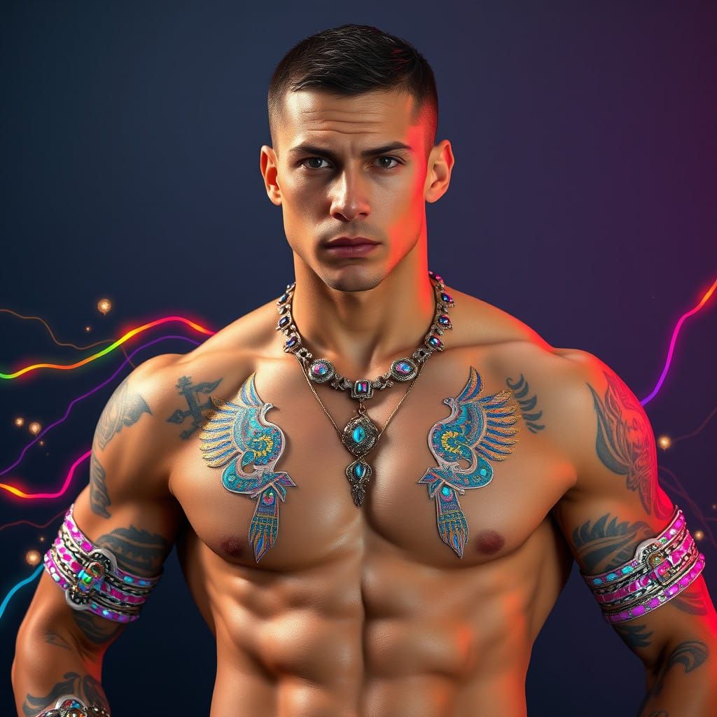 Cyberpunk Warrior in Iridescent Aztec Attire