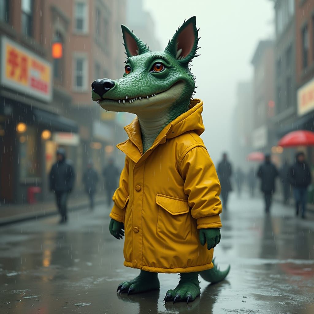 Cyberpunk Raincoat-Wearing Canine with Alligator Head