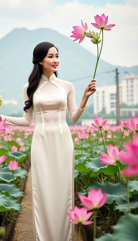 Lady in Traditional Vietnamese Ao Dai, Surrounded by Pink Lo...