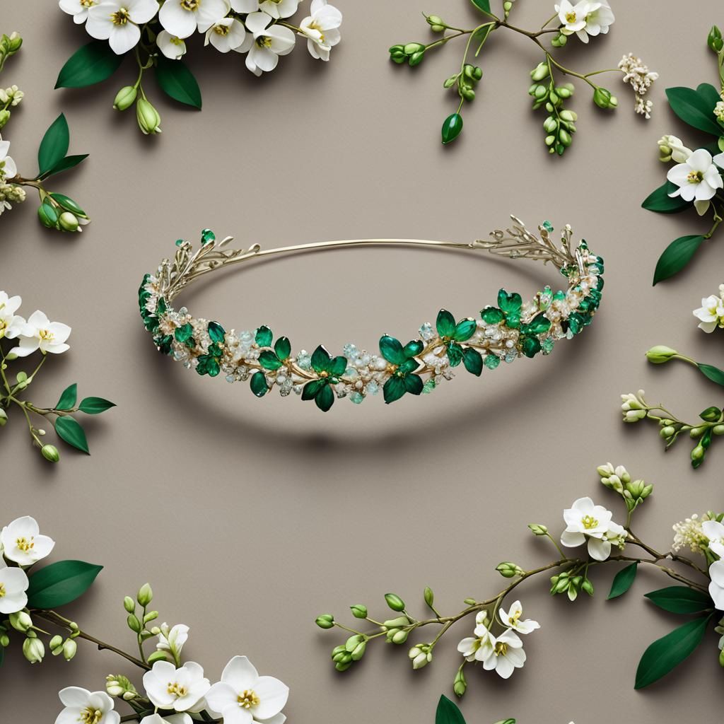 White Gold Tiara with Emeralds and Floral Accents
