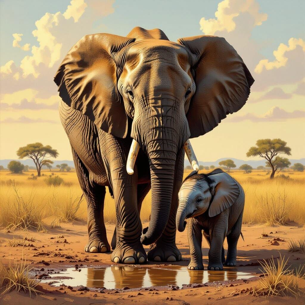 Protective Mother Elephant and Baby in African Landscape