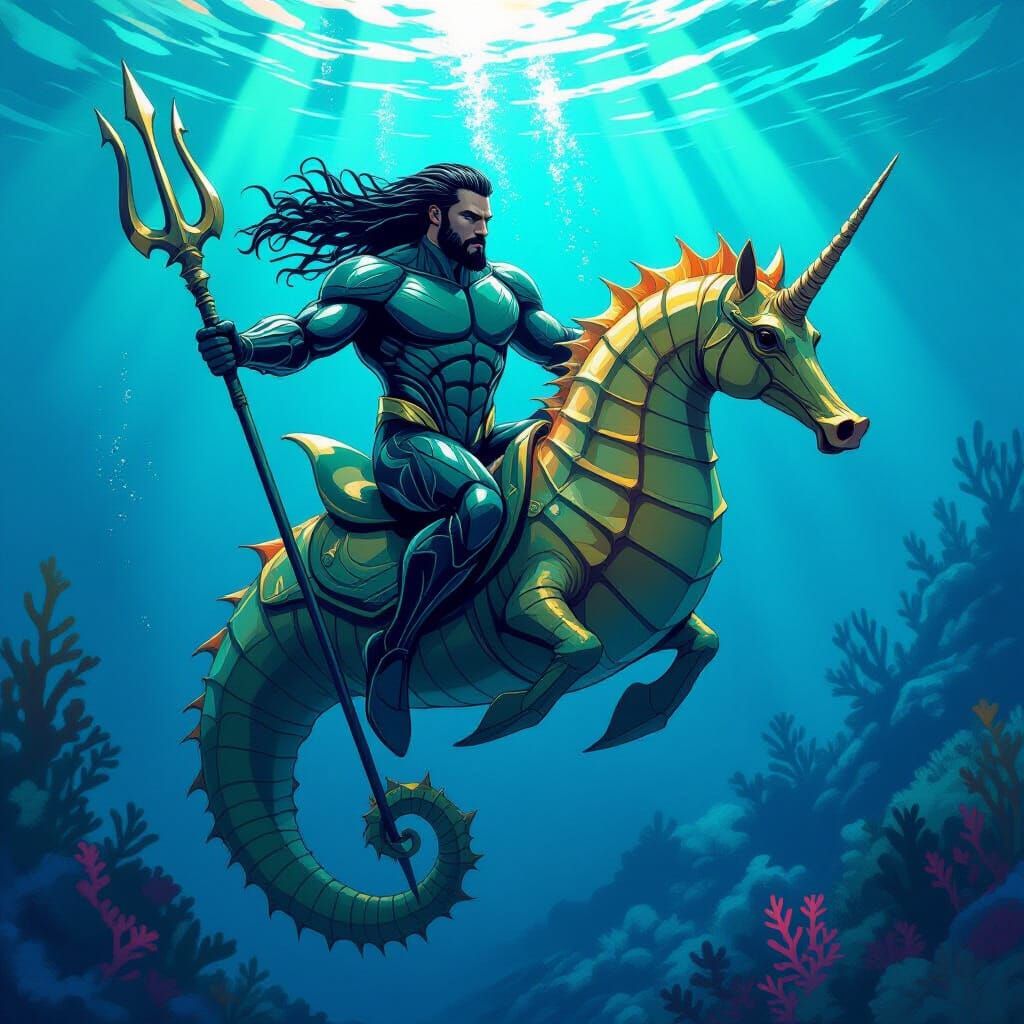 Aquaman on Seahorse in Futuristic Style