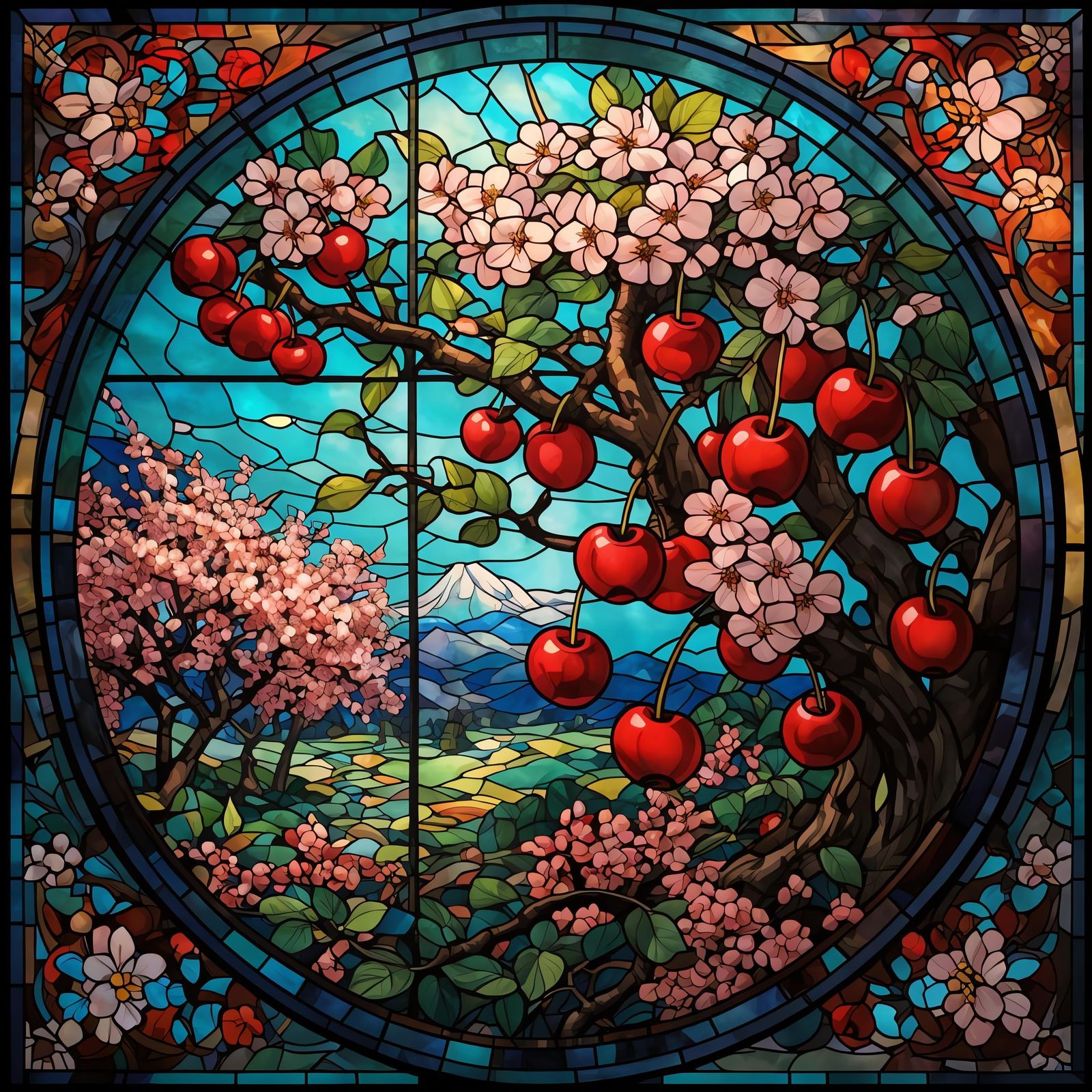Stained Glass Cherries and Blossoms in Art Nouveau Style