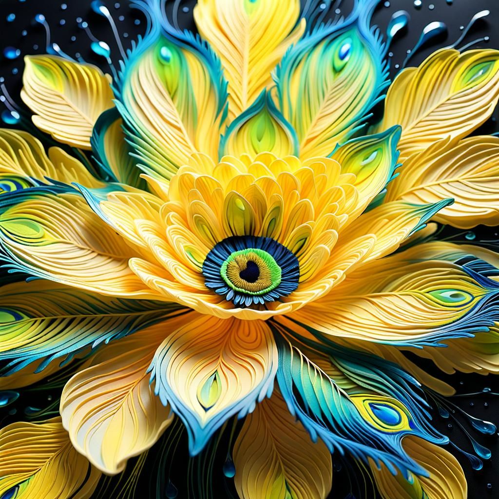 Peacock Feather Flower in Neon Futurism Style