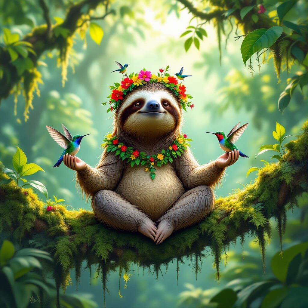 Ancient Sloth Meditates in Sun-Dappled Rainforest Canopy