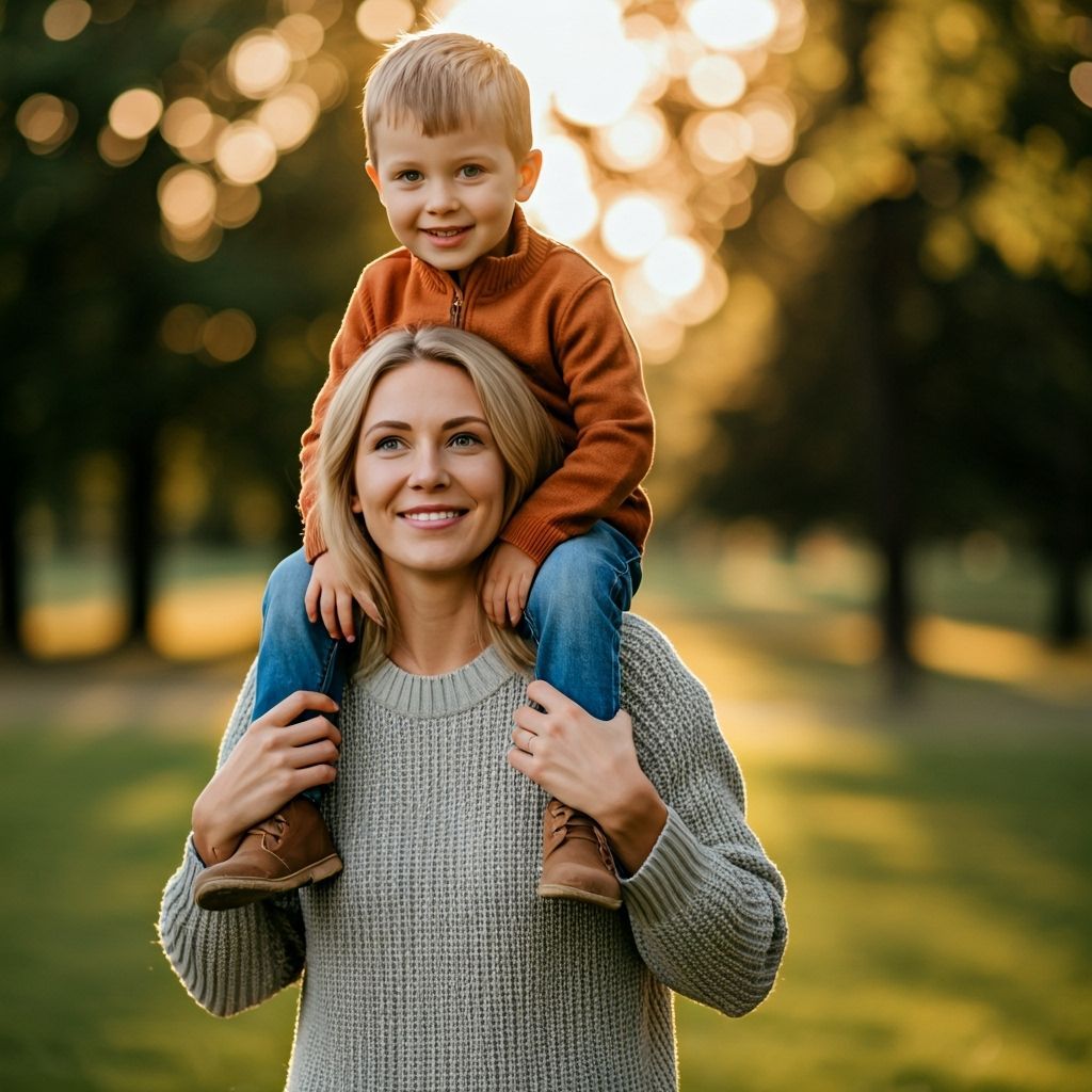Mother and Son Enjoy Golden Hour in Sun-Dappled Park
