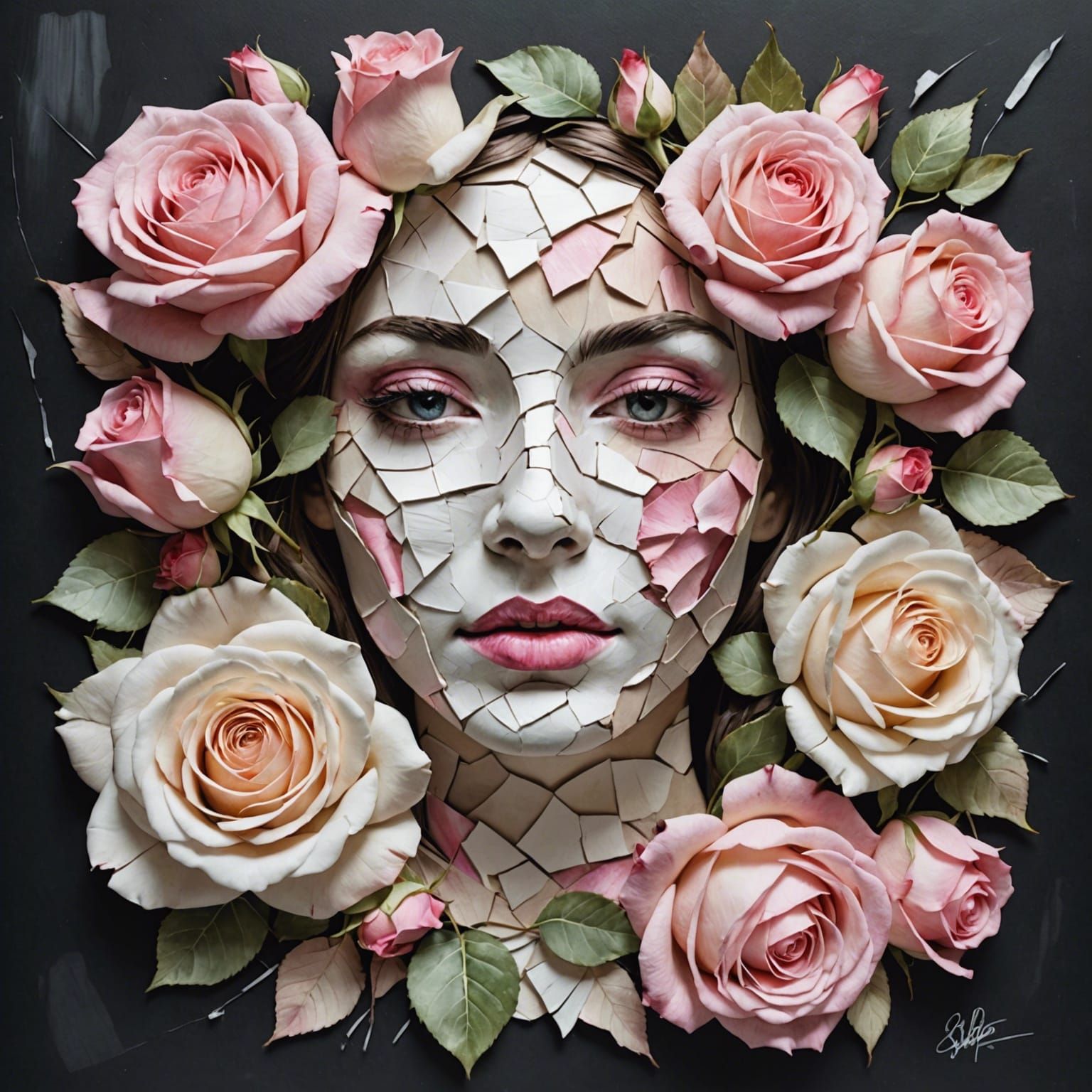 Rose Illusion: 3D Woman's Face on Cracked Paper