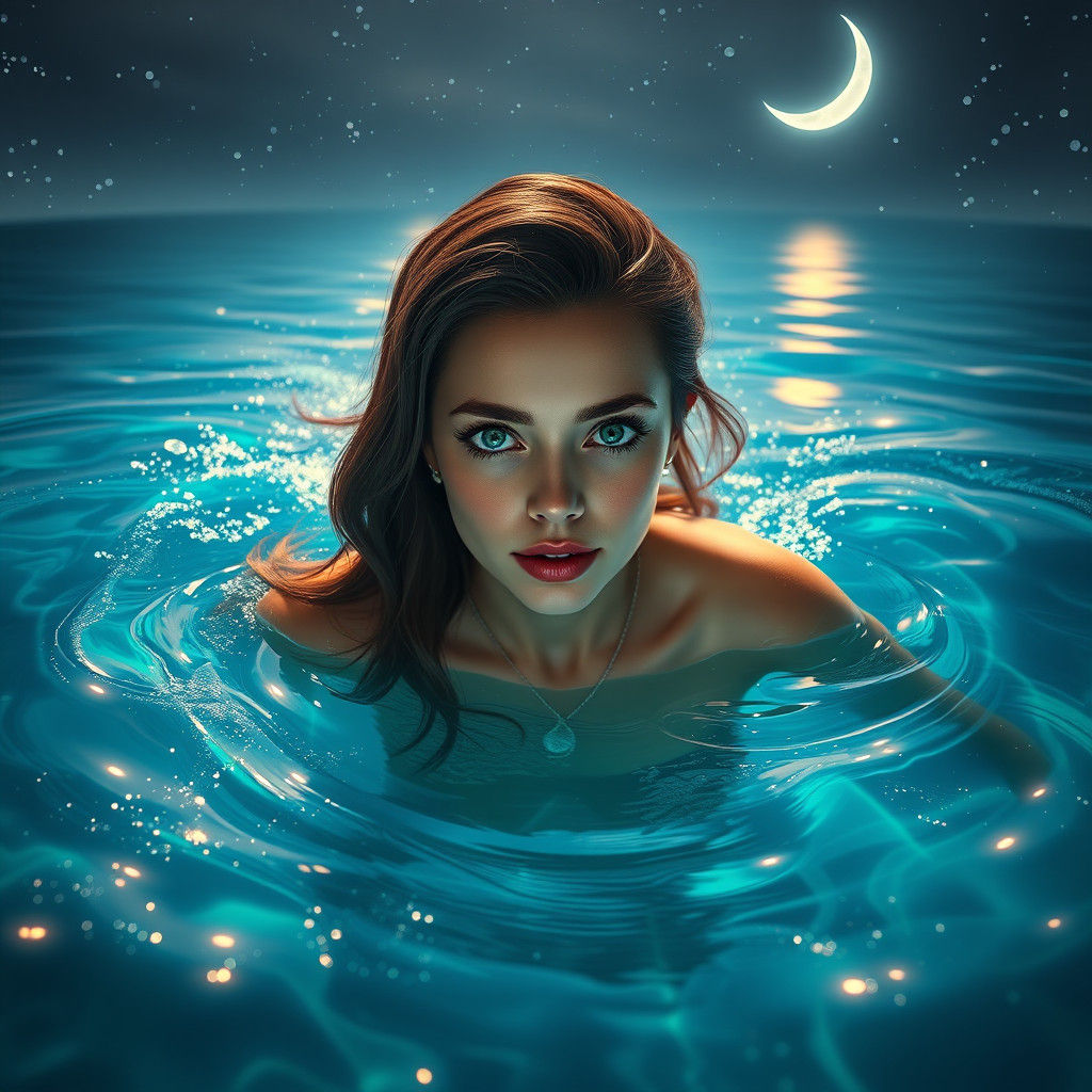 Brunette Woman Swimming in Bioluminescent Ocean: Digital Art