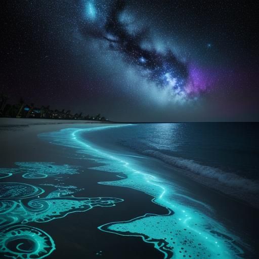 Bioluminescent Beach Under Milky Way, Graffiti Art Style